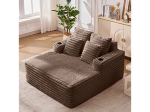Fauteuil 2 places - 135x128x86 cm - lit convertible chaiselongue surdimensionnée avec porte-gobelets et velours - marron