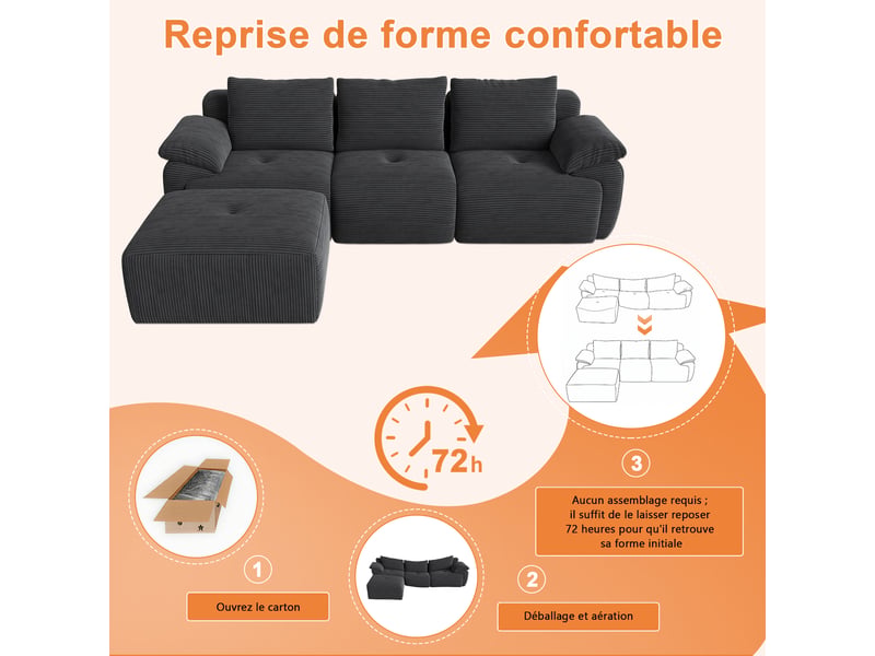  Canapé d'angle en l à compression avec 3 dossiers, aucun assemblage requis, gris foncé  - Conforama E