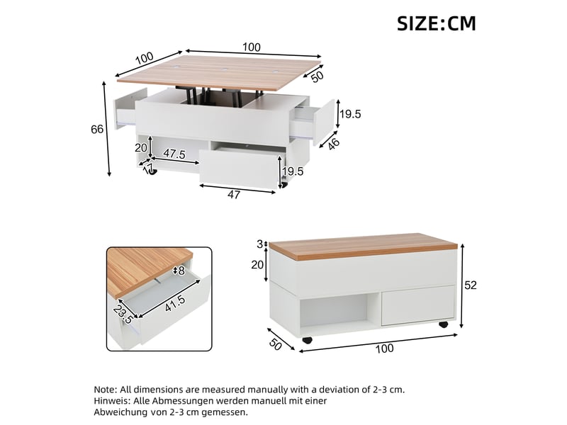  Table basse 100 x 50 x 52 cm à 4 roulettes, table de salon multifonctionnelle avec 4 tiroirs, table basse relevable, table d'appoint réglable en hauteur, table de salle à manger avec espace de rangement, coloris blanc et bois  - Conforama C