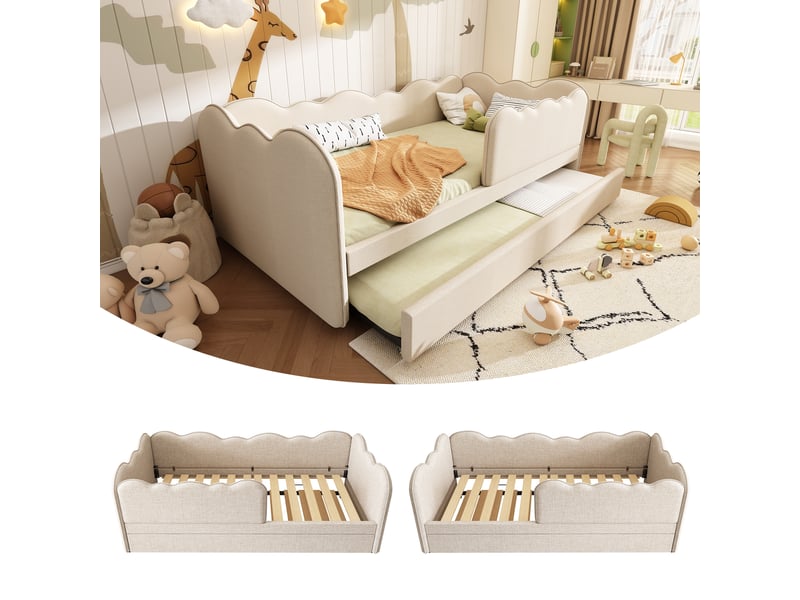  Canape lit rembourré 90x190 cm avec lit gigogne, lit enfant avec sommier à lattes, cadre de lit 1 personne, beige, lin  - Conforama A