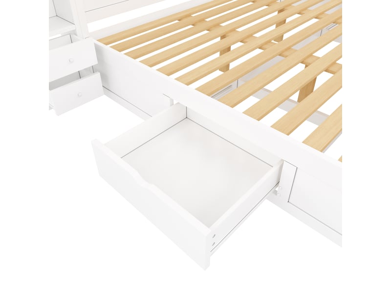 Lit plateforme 180 x 200 cm avec tête et pied de lit, 7 tiroirs, multiples rangements et éclairage led, blanc evarich - Conforama D