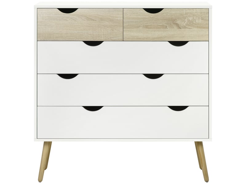  Commode 5 tiroirs design scandinave meuble de rangement chambre panneau de particules 99 x 39 x 101 cm blanc aspect chêne clair  - Conforama B