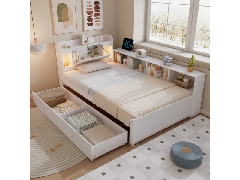  Modenvie lit 1 place avec rangement 90x200 cm - tête de lit avec étagère et prise, sans matelas - blanc  - Conforama B