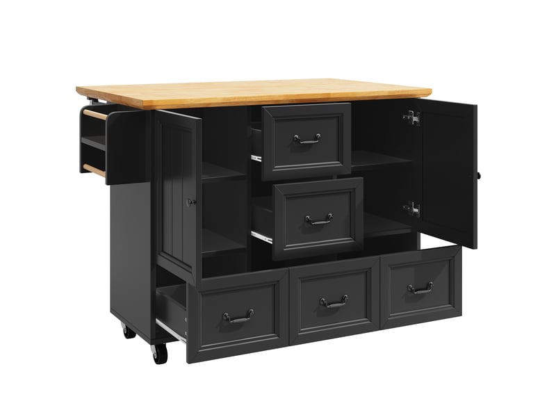  Îlot de cuisine 140x45(73)x93 cm avec 5 tiroirs et plateau pliable, bois et noir  - Conforama R