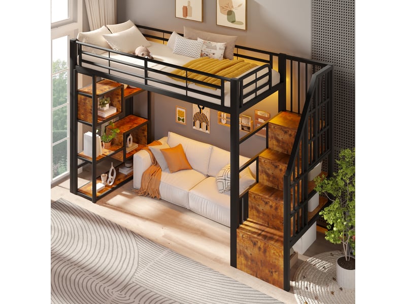  Lit mezzanine 90x200 cm, lit enfant, rangement, échelle sécurisée, barrière antichute, led, bois et métal noir  - Conforama D