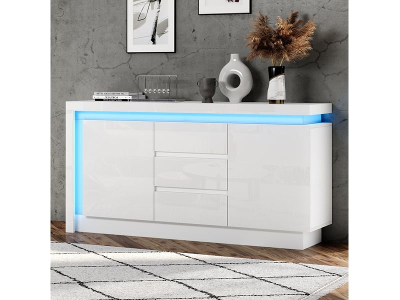  Buffet bas blanc 140 x 35 x 72 cm avec led, 2 portes, 3 tiroirs et étagères réglables  - Conforama C