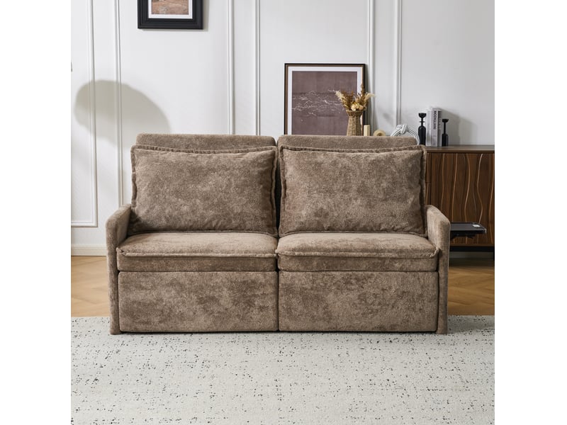 Canapé 3-en-1 avec fonction de sommeil - canapé lit avec coussins et chargeur usb, repose-dos à 5 positions réglables, canapé convertible avec rangement, chenille, marron - Conforama E