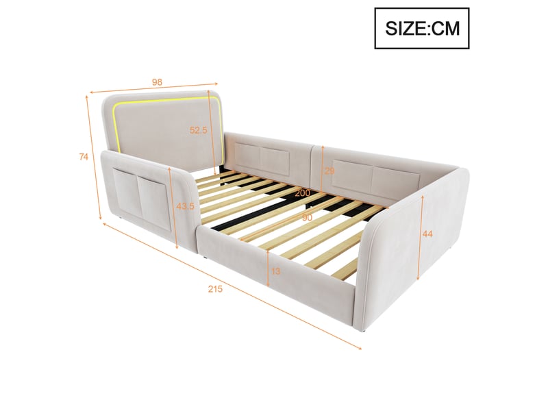  Lit rembourré 90x200 cm avec led et rangements coloris beige  - Conforama C