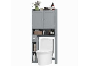 Meuble wc dessus de toilette ou machine à laver, 2 portes, 3 compartiments, porte-papier toilette, gris, 80x19,5x170cm