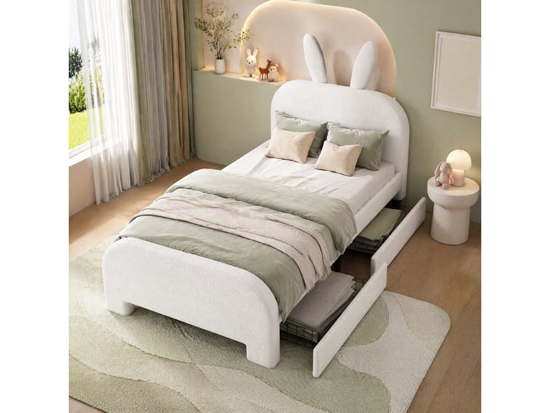  Lit enfant 90x200 cm à tête de lit lapin avec 2 tiroirs, blanc  - Conforama B