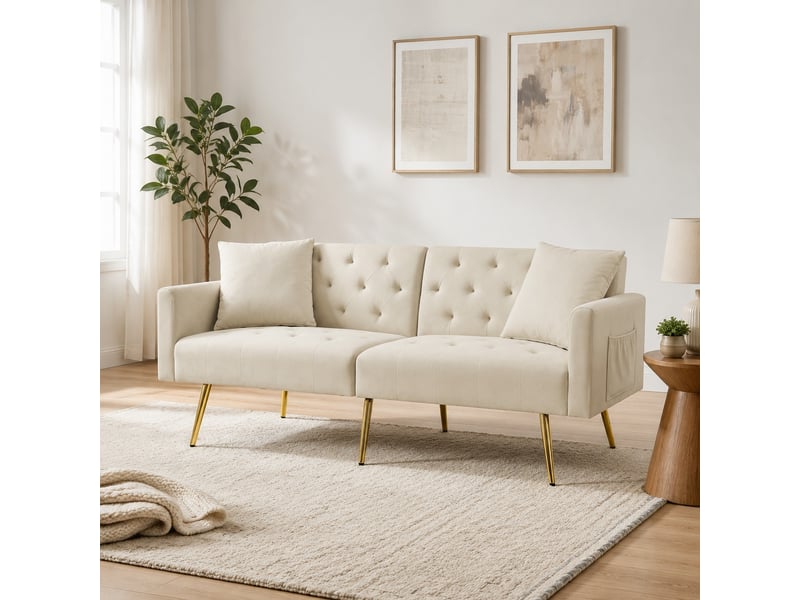  Canapé convertible 2 places avec dossier réglable  - assise ergonomique, 2 coussins, pieds en métal - velours beige  - Conforama C