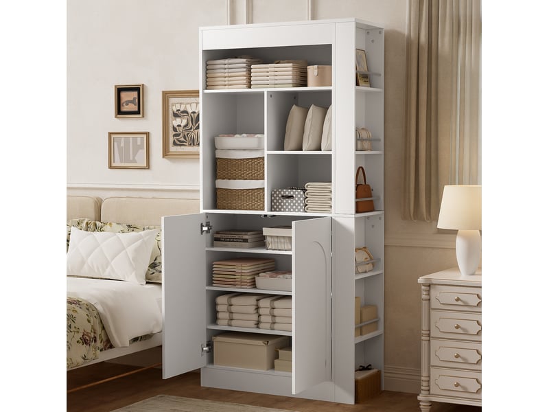  Meuble de rangement avec 2 portes, étagères ouvertes et tablettes réglables pour salon blanc 85 × 35 × 180 cm  - Conforama E