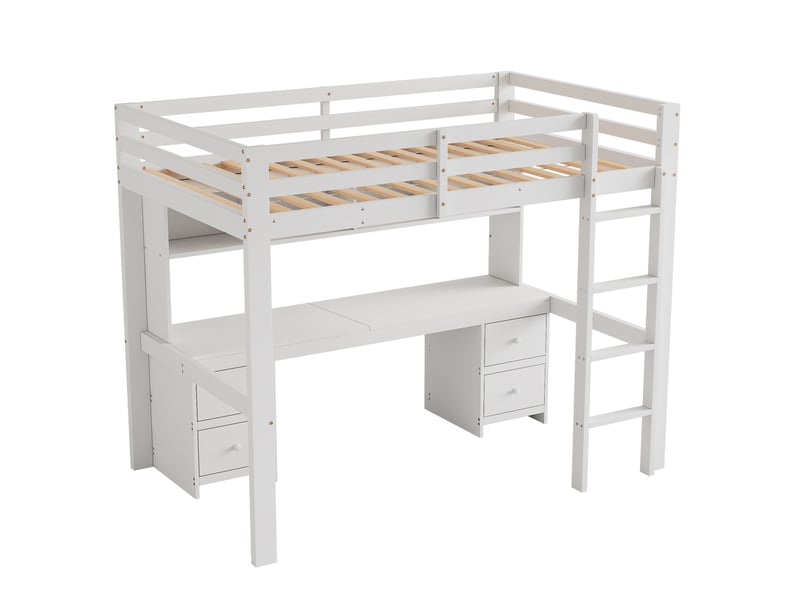 Lit mezzanine enfant avec bureau et grand rangement, garde-corps haut, blanc, 90x200 cm - Conforama D