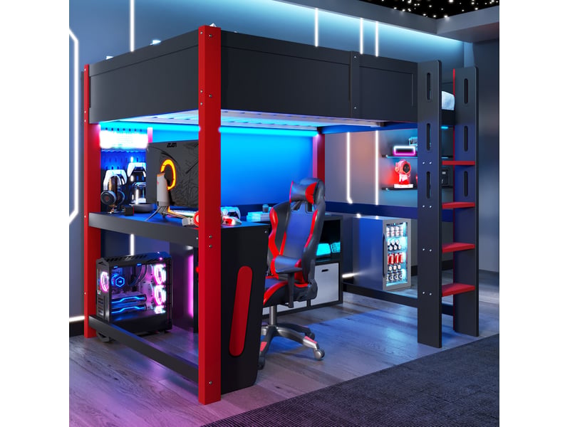 Lit mezzanine 140x200 cm avec bureau et led, coloris noir et rouge - Conforama E