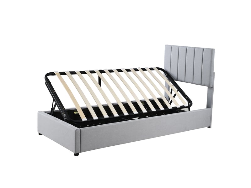 Lit enfant 90x200 cm avec coffre de rangement hydraulique, lit capitonné en lin, tête de lit rayée, sommier à lattes - gris (sans matelas) - Conforama A