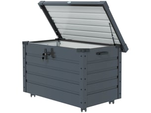 Coffre de rangement extérieur 295l, avec vérin à gaz, roulettes et poignée, en acier galvanisé, gris, 100 x 62 x 65 cm