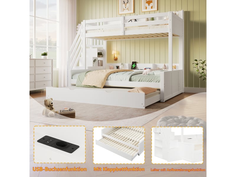  Lit superposé en bois 90 x 200 140 x 200 cm avec lit gigogne 90 x 190 cm, escalier de rangement, usb, blanc  - Conforama D