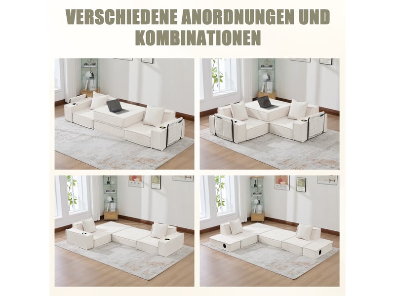  Canapé 2 places beige en velours côtelé 162 × 78 × 66 cm, 2 coussins, pouf, rangement latéral et porte-gobelets  - Conforama C