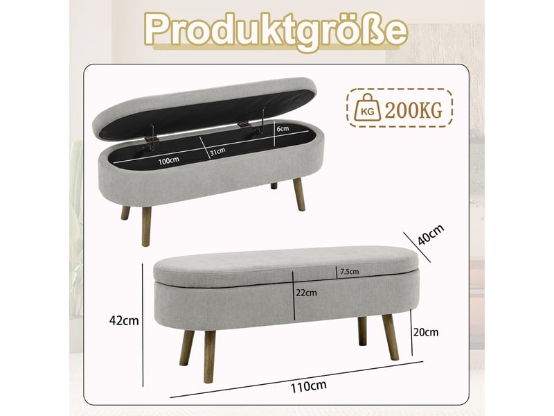  Banc coffre de rangement ovale en chenille gris 110 x 40 x 42 cm W3358P451515 - Conforama C