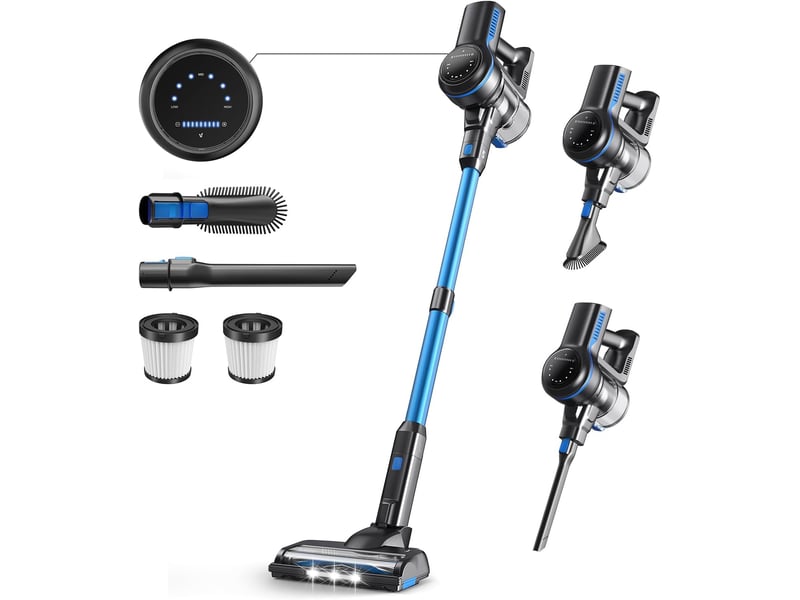  Aspirateur balai sans fil bleu avec écran led, brosse rouleau souple, aspiration 26 kpa, autonomie jusqu'à 45 min  - Conforama A