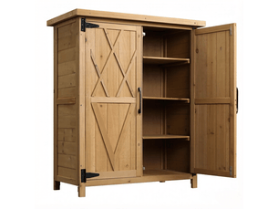 Armoire de jardin jaune en bois, 2 portes, 3 étagères et toit en tôle galvanisée, pour l'extérieur