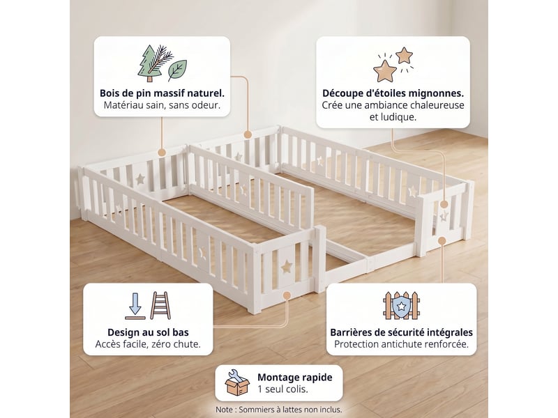  Lit enfant 90x200(x2), lit au sol avec barrière, bois de pin massif, motif étoiles, sommier non inclus, style montessori, blanc  - Conforama C