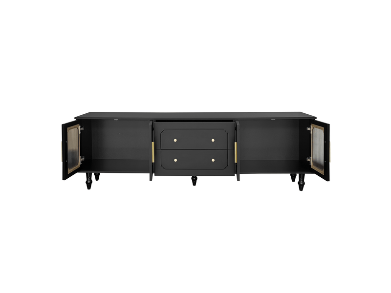  Meuble tv noir 175 cm style rétro avec portes en verre trempé et pieds en métal  - Conforama W
