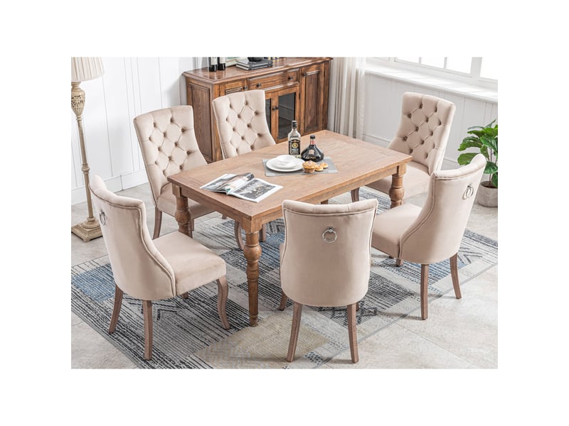  Chaise de salle à manger capitonnée en velours avec dossier haut et pieds en bois de caoutchouc beige  - Conforama B
