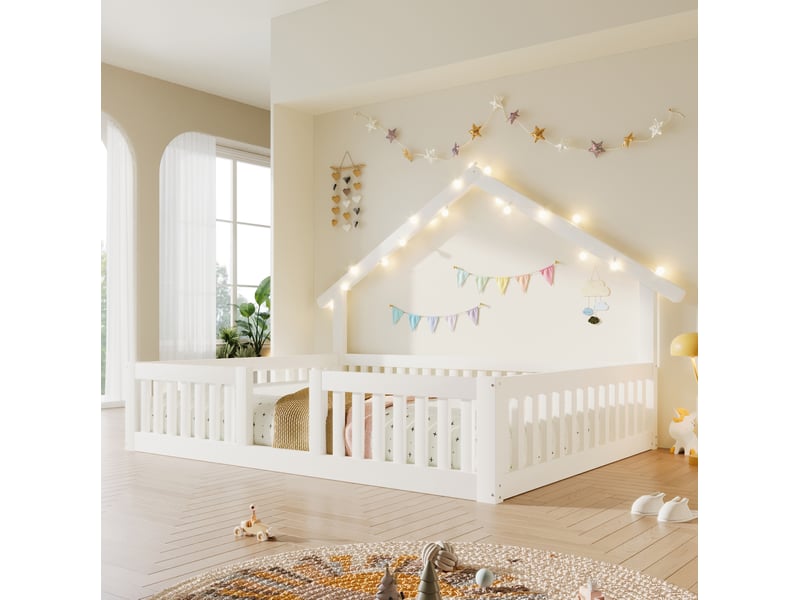  Lit cabane enfant 140x200 cm avec barrières de sécurité, guirlande led, cadre bas, mdf pin, blanc sans matelas  - Conforama B