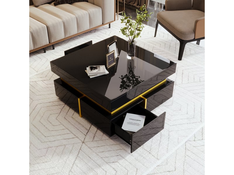  Table basse 70x70x35.5cm, table de salon avec 2 tiroirs, rangement, table carré, panneau de particules, brillant noir  - Conforama C