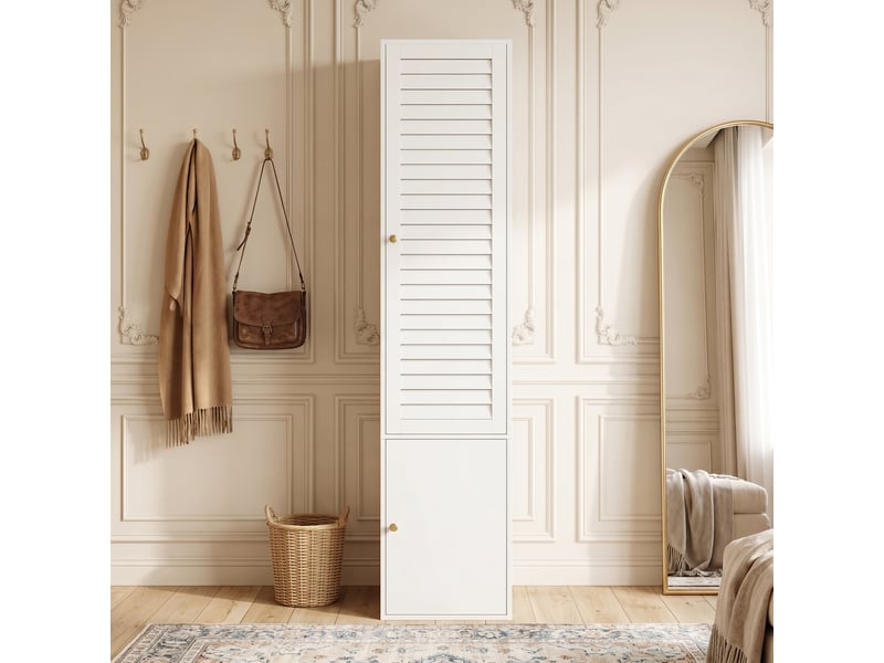 Armoire haute 1 porte 45 x 50 x 200 cm, porte à lames, tringle et 3 compartiments, pour chambre, panneaux de particules, blanc OMNIGLINT TRADING LTD - Conforama B