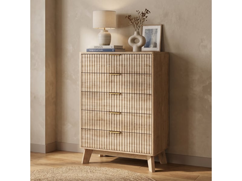 Commode de chambre, 73x40x108 cm, 5 tiroirs de rangement, anti-basculement, en bois, texture côtelée moderne, bois naturel - Conforama B