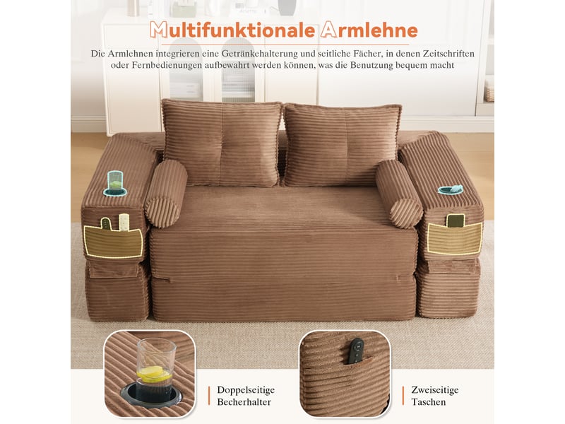 Canapé convertible, canapé-lit, porte-gobelets, en velours tricoté, mobilier pour espace de vie, pour salon et séjour - Conforama W