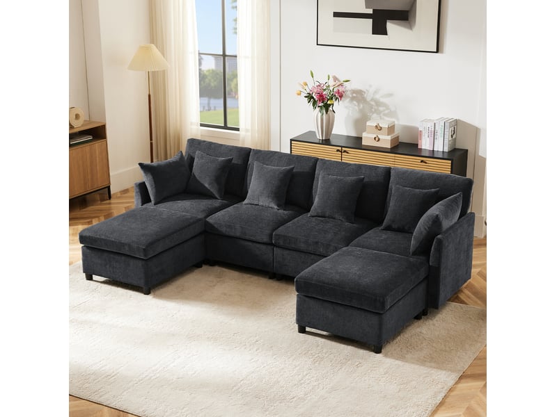  Canapé modulaire en u 278x161x81cm, 2 poufs inclus, meuble de salon, structure en bois et métal, tissu chenille, gris  - Conforama B