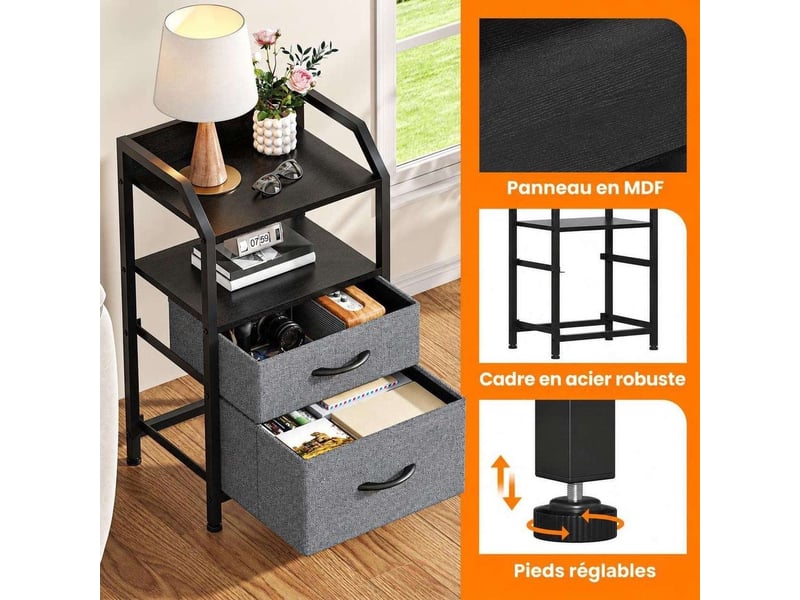  Table de chevet 40x30x70 cm deux tiroirs tissu etagere ouverte gris fonce et noir  - Conforama C