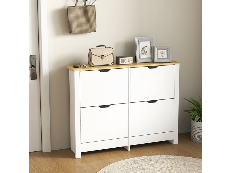  Meuble à chaussures étroit avec 4 compartiments rabattables pour 8 à 16 paires de chaussures, 105 x 26 x 80 cm, blanc et naturel  - Conforama C