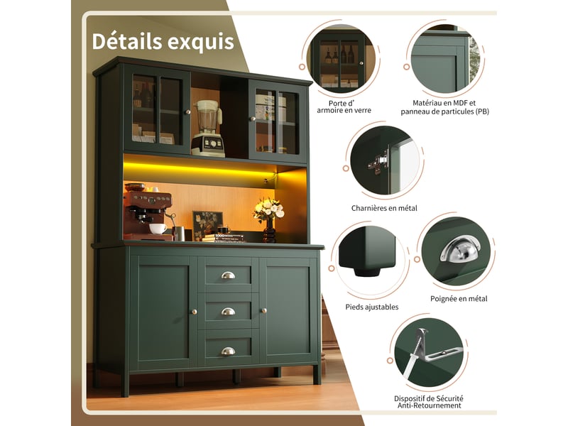 Buffet haut de cuisine 120x40x179 cm, vaisselier led avec portes vitrées brunes, 3 tiroirs, étagères réglables - vert - Conforama B