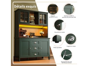 Buffet haut de cuisine 120x40x179 cm, vaisselier led avec portes vitrées brunes, 3 tiroirs, étagères réglables - vert
