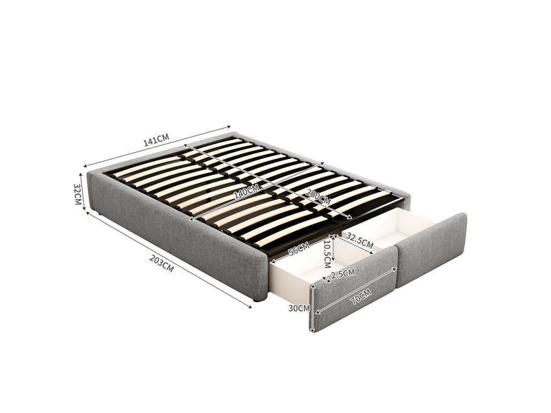  Lit capitonné 140*200cm gris, relevage hydraulique, 2 tiroirs, sans matelas, sans tête de lit  - Conforama B