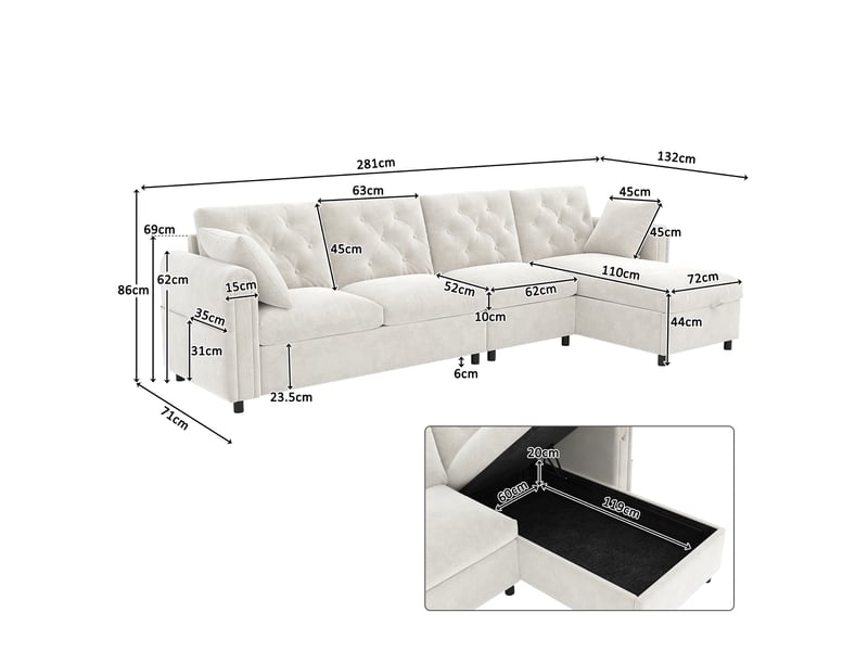  Canapé d'angle convertible en tissu beige, 4 places avec coffre de rangement - méridienne réversible &amp; accoudoirs avec poches pour salon moderne  - Conforama C