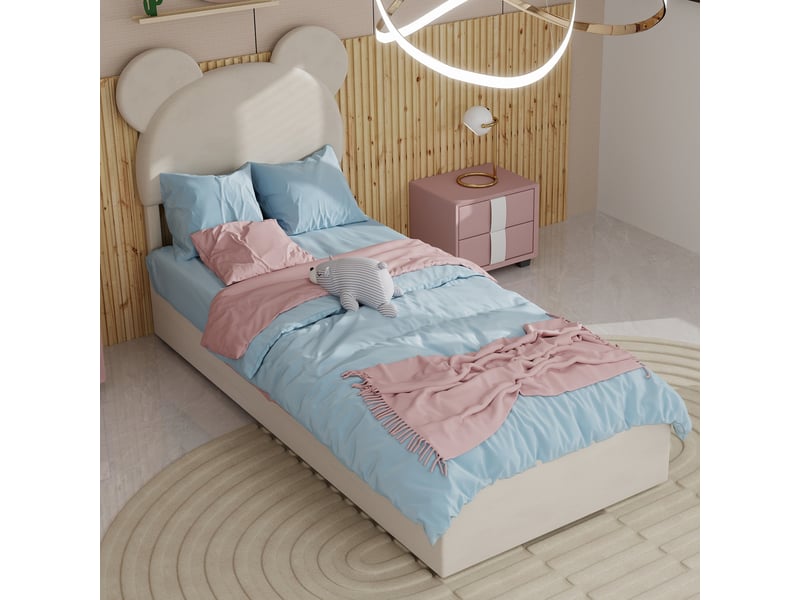  Lit enfant 90x200 cm coffre avec tête cartoon, métal, beige, sans matelas  - Conforama B