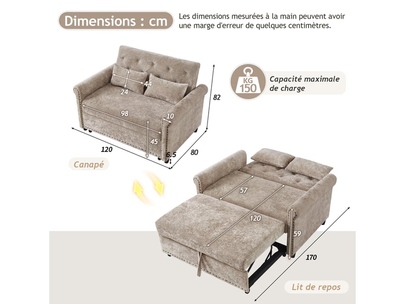 Canapé convertible modenvie 2 places 3-en-1 en tissu chenille gris brun, dossier réglable, couchage 170 x 98 cm - Conforama C