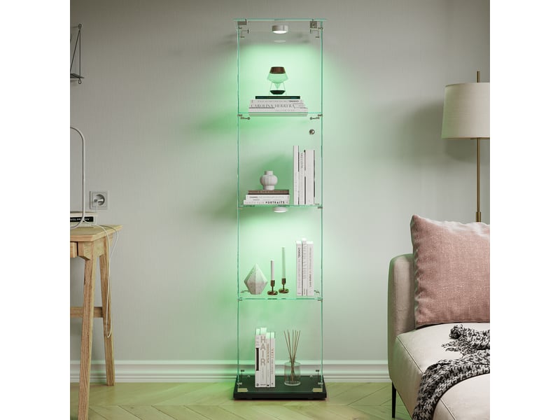  Vitrine en verre 4 niveaux simple porte - 39,8 x 35 x 163 cm - noir - armoire d'exposition avec éclairage led et base noire  - Conforama C