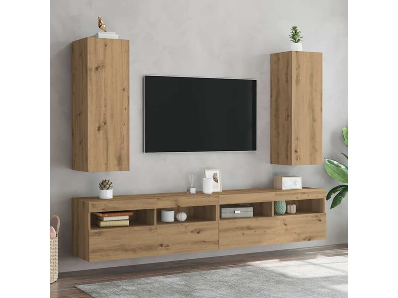  Lot de 2 meuble tv bas salon chêne artisanal 30,5x30x90cm bois d'ingénierie  - Conforama B