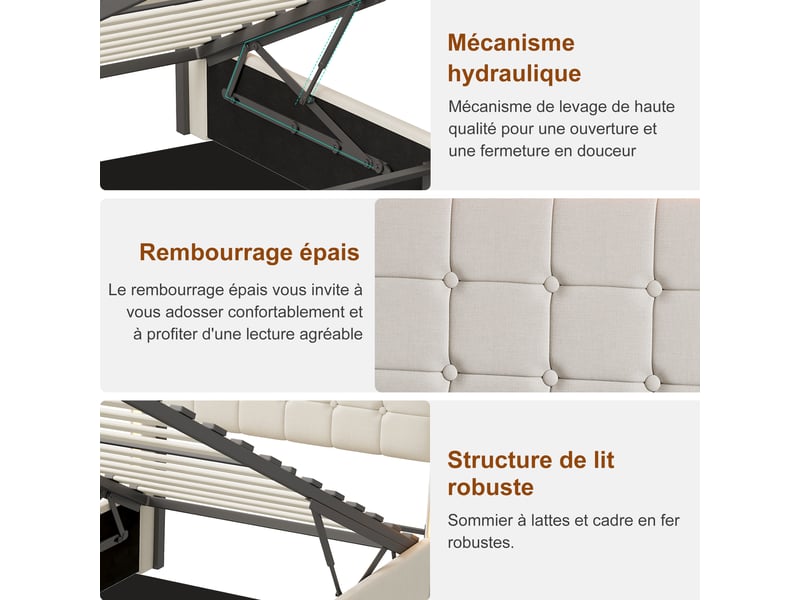  Lit coffre 90x200 cm avec led,usb et hydraulique, lit simple en lin beige, grand rangement, tête de lit capitonnée  - Conforama W