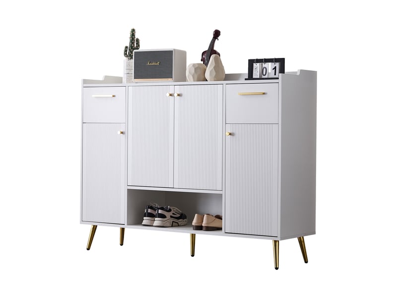 Meuble à chaussures 130x37x100 cm avec 2 tiroirs et 4 portes, moderne, design simple, panneau de particules, blanc - Conforama A