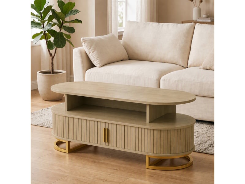  Table basse ovale, table de salon moderne avec portes à tambour coulissantes, étagères ouvertes, rangement fermé, chêne  - Conforama A
