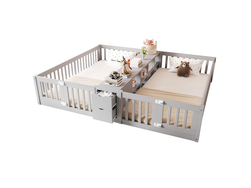 Lit double pour enfants 90x200 cm, lit jumeaux avec tiroir et étagère, cadre de lit au sol avec barrière de sécurité, bois gris. - Conforama A