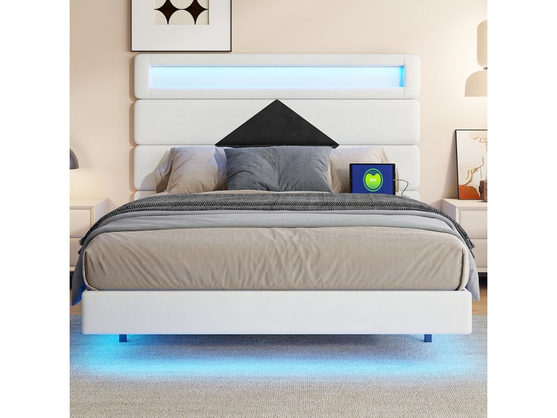  Lit rembourré suspendu 140x190cm-blanc et noir - tête de lit losange réglable avec led rgb et ports usb  - Conforama E