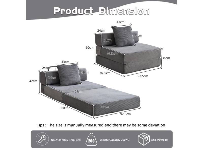 Fauteuil convertible 1 place 92,5x92,5 cm – gris foncé – velours côtelé pliable avec coussin et accoudoirs - Conforama C